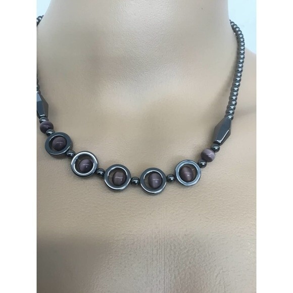 Hematite Necklace With Purple Beads - Picture 2 of 3